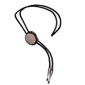 Southwestern Bolo Tie with Polished Pink Shell Centerpiece & Braided Black Cord